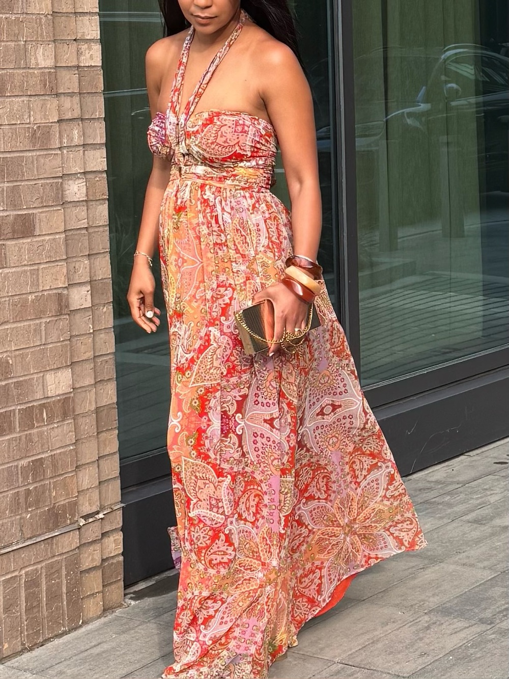 Mango Strapless Halter Maxi Dress in Coral Paisley